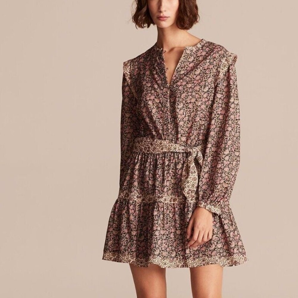 LA VIE REBECCA TAYLOR Floral Mix Metallic Belted Long Sleeve Mini-Dress